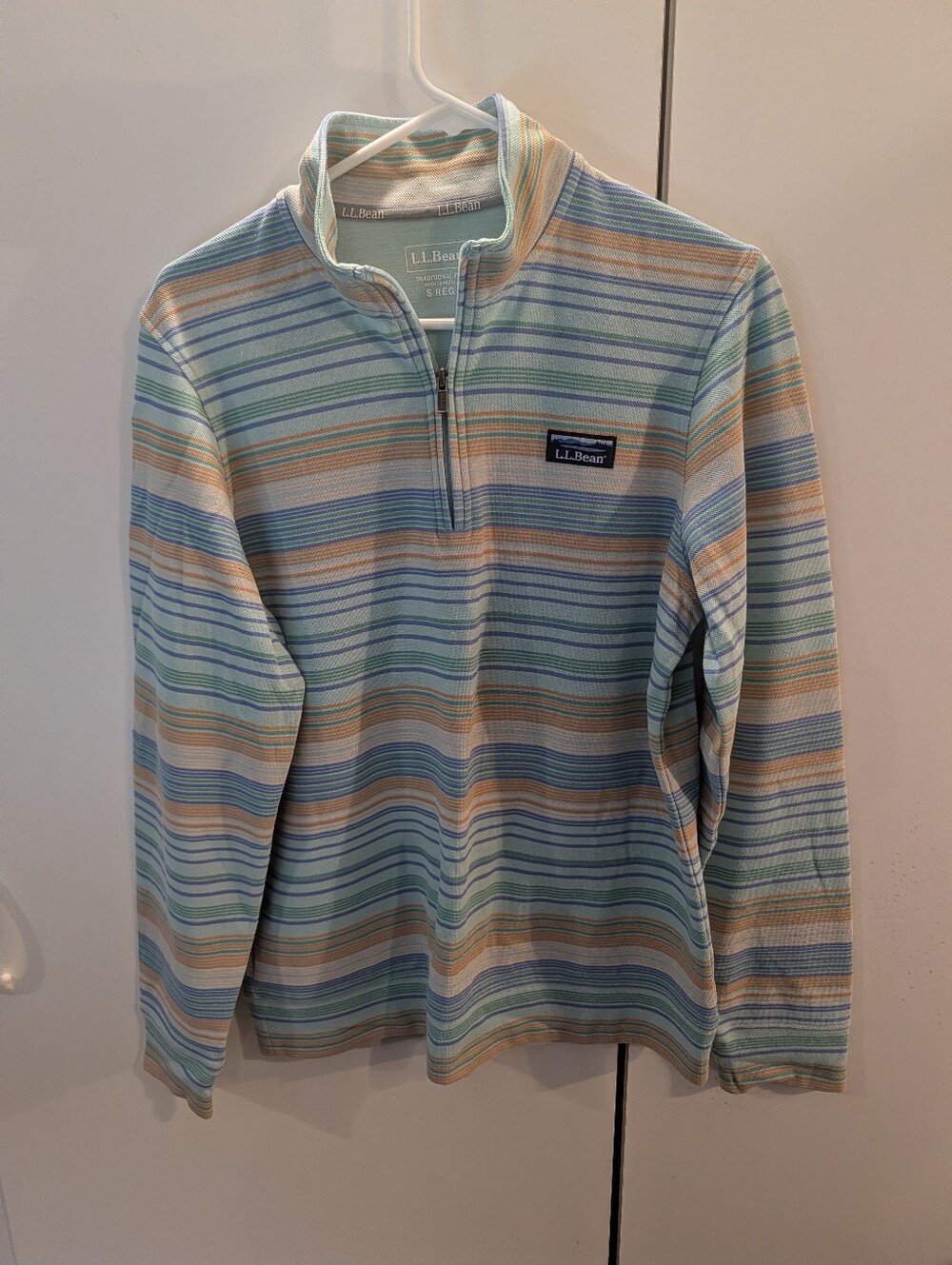 L.L. Bean Womans Small Striped Half-Zip Sweater - Light Blue, Cream & Tan